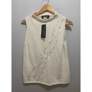 Colette Mordo White Sleeveless Knit Top With Embroidered Vine Design Size M